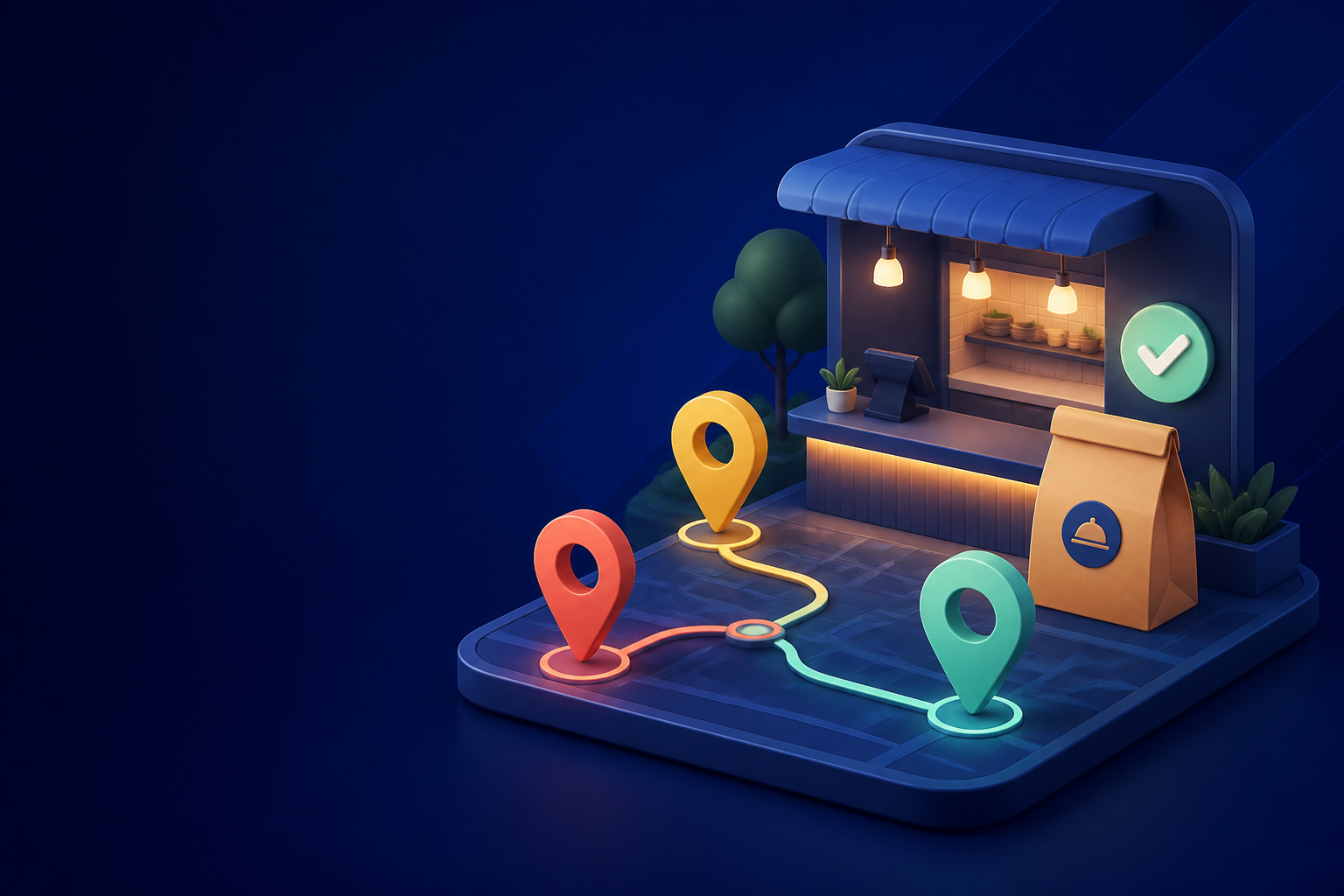 Restaurant counter connected to three pickup location pins